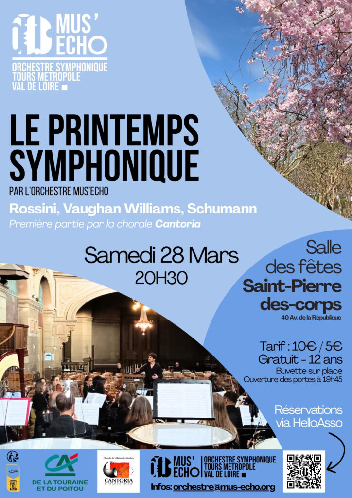 Affiche du concert "Le Printemps Symphonique" donné par l'orchestre Mus'Echo le 22 Mars 2026 (Tours) et le 28 Mars 2026 (Saint-Pierre-des-Corps)